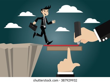 Cartoon character, Businessman can get help from the cliff line drawing., vector eps10