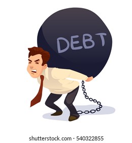 cartoon character, businessman carry giant ball with title debt, financial concept illustration.