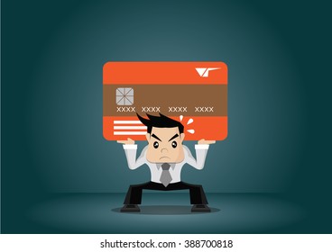 Cartoon Character, Businessman Carrying Credit Card Debt., Vector Eps10