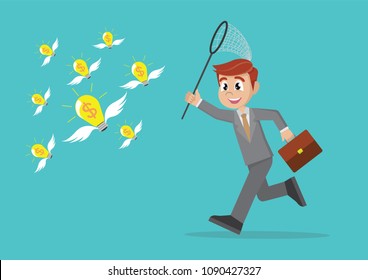 Cartoon character, businessman catching ideas flying in the air., vector eps10