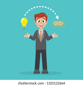 Cartoon character, Businessman change ideas into money., Vector eps10.