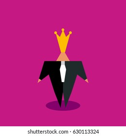 Cartoon character businessman in crown isolated. Top manager with big ego. Vector illustration
