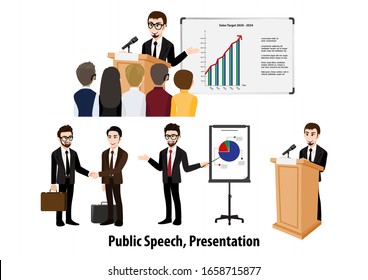 Cartoon character with businessman doing presentation or pitching a speech. Conference Illustration. Flat icon set vector