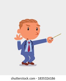 cartoon character of businessman doubts while pointing to the side with a pointer