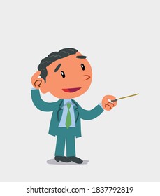 personaje de caricatura de empresario duda mientras señala con un puntero
