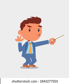cartoon character of businessman doubts while pointing to the side with a pointer