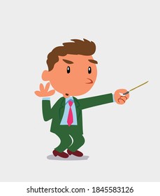 personaje de dibujos animados de un empresario duda al apuntar hacia un lado con un puntero