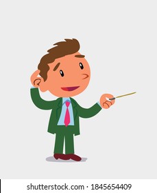 cartoon character of businessman doubts while pointing with a pointer