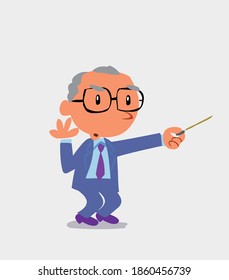 cartoon character of businessman doubts while pointing to the side with a pointer