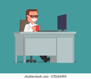 cartoon character. businessman drinking coffee near a computer at your desk. Vector illustration of a flat design style