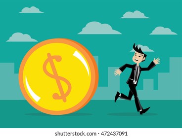 Cartoon character, Businessman escape from debt dollars., vector eps10