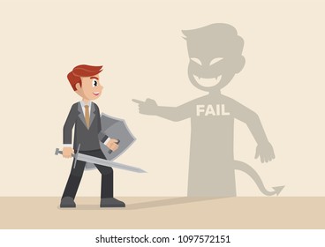 Cartoon character, businessman fight with shadow of failure himself.,vector eps10