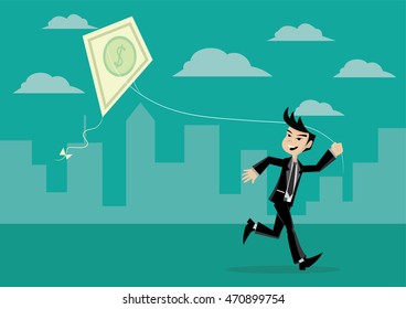 Cartoon character, Businessman fly a kite with dollar., vector eps10