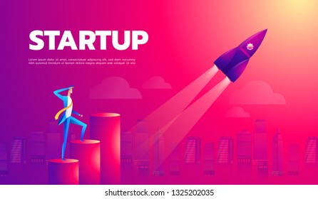 Cartoon character, businessman flying in startup rocket. Vector eps10.