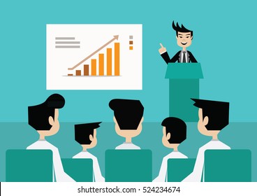 Cartoon character, Businessman giving a speech on stage, Vector eps10.