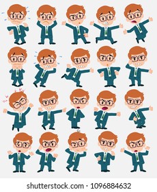 Cartoon character businessman with glasses. Set with different postures, attitudes and poses, always in negative attitude, doing different activities in vector vector illustrations.