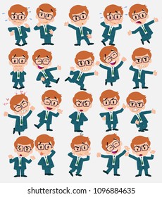 Cartoon character businessman with glasses. Set with different postures, attitudes and poses, doing different activities in isolated vector illustrations.