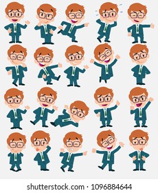 Cartoon character businessman with glasses. Set with different postures, attitudes and poses, always in positive attitude, doing different activities in vector vector illustrations.