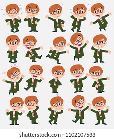 Cartoon character businessman with glasses. Set with different postures, attitudes and poses, doing different activities in isolated vector illustrations.