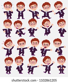 Cartoon character businessman with glasses. Set with different postures, attitudes and poses, doing different activities in isolated vector illustrations.