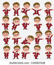 Cartoon character businessman with glasses. Set with different postures, attitudes and poses, doing different activities in isolated vector illustrations.