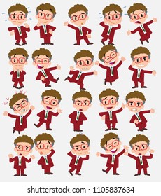 Cartoon character businessman with glasses. Set with different postures, attitudes and poses, doing different activities in isolated vector illustrations.