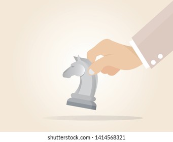 Cartoon character, businessman hand holding chess knight piece.,vector eps10