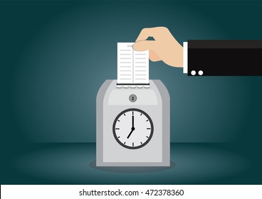 Cartoon character, Businessman hand holding card on time clock recorder., vector eps10