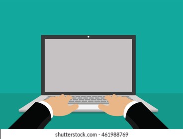 Cartoon character, Businessman hand on computer laptop., vector eps10