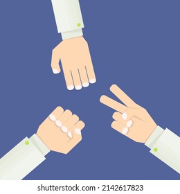 cartoon character businessman hands play rock paper scissors game, clip art isolated on blue background