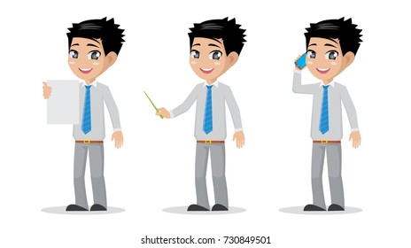 Cartoon character, Businessman holding at paper, pointing or making a phone call., vector eps10