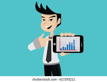 Cartoon character, Businessman holding smart phone display Business graph., vector eps10