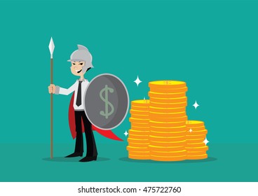 Cartoon character, Businessman holding a spear and Shield Protecting Gold coin., vector eps10