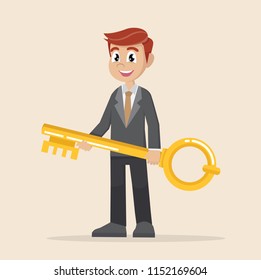Cartoon character, Businessman holds a golden key in his hand.,vector eps10