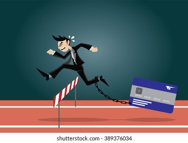 Cartoon character, Businessman Hurdles with credit card debt is barrier., vector eps10