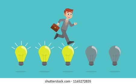 Cartoon character, Businessman jump on light bulbs.,vector eps10
