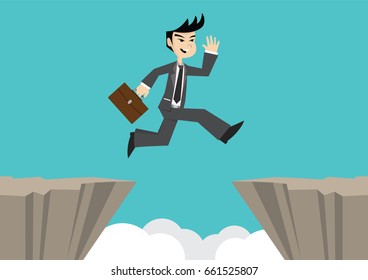 Cartoon character, Businessman jump through cliff., vector eps10