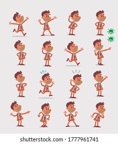 Cartoon character businessman with mask and virus COVID in smart casual style. Set with different postures, attitudes and poses, doing different activities in isolated vector illustrations.