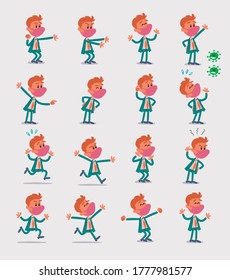 Cartoon character businessman with mask and virus COVID in smart casual style. Set with different postures, attitudes and poses, doing different activities in isolated vector illustrations.