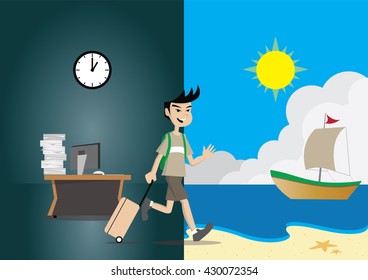 Cartoon character, Businessman on vacation to the beach., vector eps10