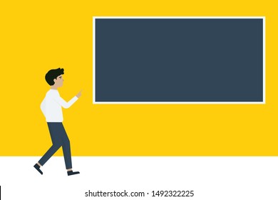 cartoon character businessman pointing copy space on yellow background,A Business Men with flat illustration design. 