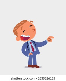 cartoon character of businessman points to his side while laughing