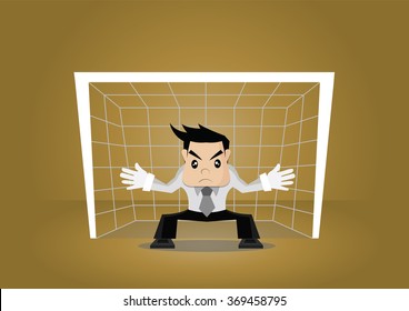 Cartoon character, businessman in Position goalkeeper, vector eps10