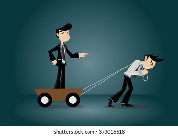 Cartoon character, businessman pull trolley led to a goal for boss., vector eps10