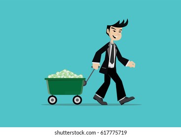 Cartoon character, Businessman pulling cart full of money., vector eps10