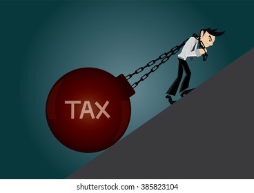 Cartoon character, Businessman pushing chain and big pendulum tax uphill., vector eps10