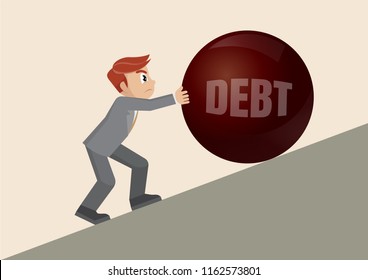 Cartoon character, Businessman pushing huge heavy ball up the steep slop.,vector eps10