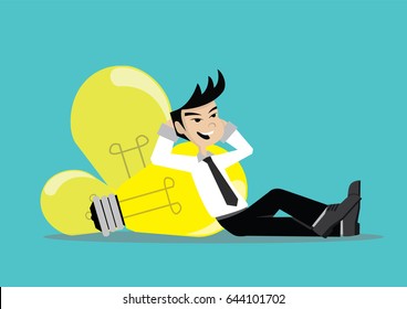 Cartoon character, Businessman relaxing beside big bulbs., vector eps10