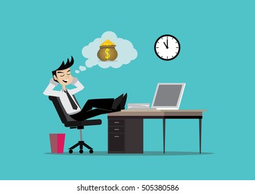 Cartoon character, Businessman relaxing in office and dreaming about money., vector eps10