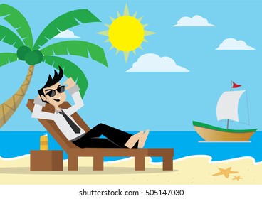 Cartoon character, Businessman relaxing on beach., vector eps10